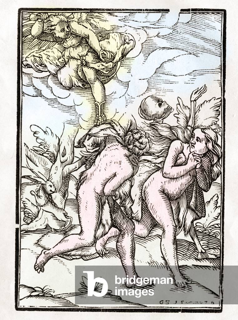 Death comes for Adam and Eve in the Garden of Eden, woodcut by Georg Scharffenberg, from Der Todten Tanz or The Dance of Death pub. in Basel, 1843