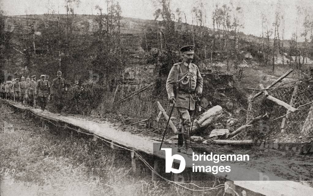 Kaiser Wilhelm II or William II, seen here inspecting the war zone during WWI, from 'The Story of Twenty Five Years', published 1935 (b/w photo)
