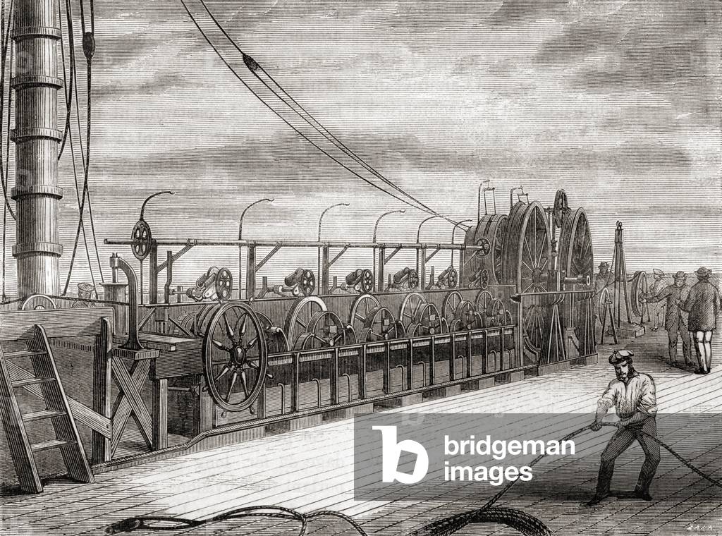 The transatlantic telegraph cable unwinding unit aboard the S.S. Great Eastern, 1865, from Les Merveilles de la Science, published c.1870 (engraving)