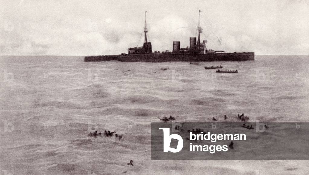 Boats from the British battle cruiser Inflexible rescuing German survivors from the Gneisenau after the Falklands action during World War I, from 'The Illustrated War News', published in 1915 (litho)