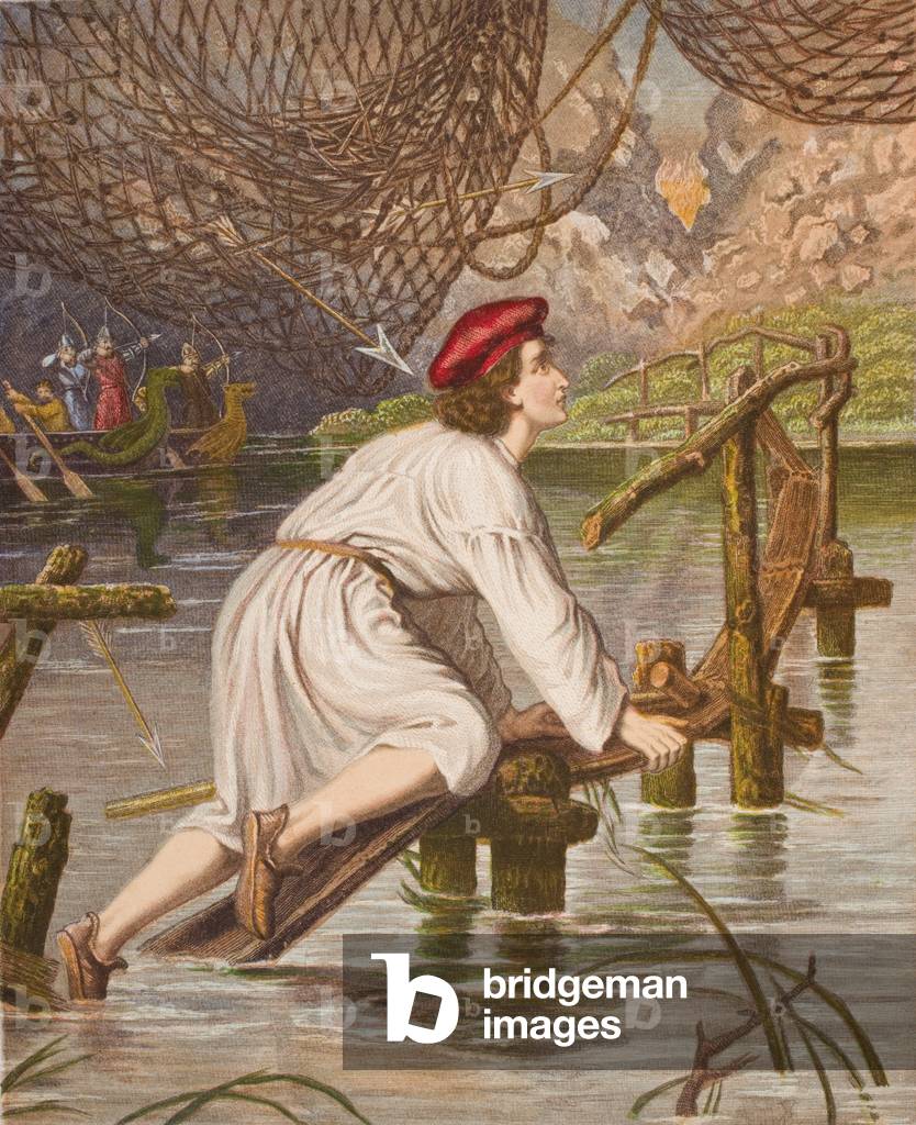 Tender Conscience crossing the bridge, illustration from 'The Pilgrim's Progress' by John Bunyan (1628-88) (colour litho)