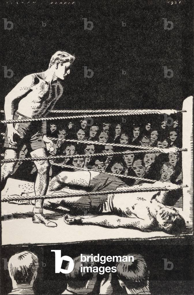 'The champion was lying inert on his back', from the book 'Buffalo Jim' by William Hatfield, published c.1930s (litho)