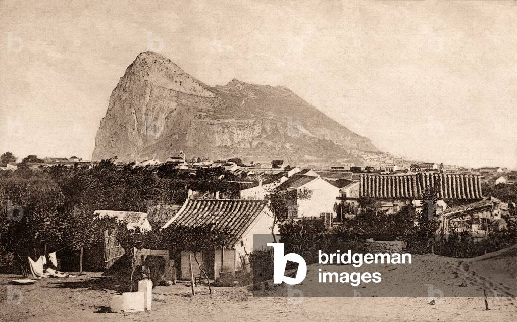 Rock of Gibraltar seen from La Linea de la Concepcion, Cadiz Province, Spain. After a photograph from circa 1900.