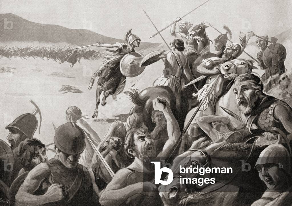 The Battle of Cynoscephalae, Thessaly, Greece, 197 BC between the Roman army and the Antigonid dynasty of Macedon.  From Hutchinson's History of the Nations, published 1915.
