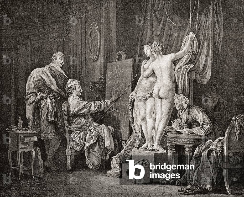An artist painting from life using two models.  After an engraving from c.1770.