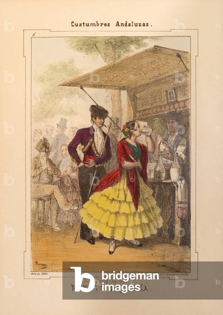 The Water Stall, Puesto de Agua, Seville Fair, Feria de Abril, after a work by Antonio Chaman pub.in Seville by Carlos Santigosa in 1854 (print)