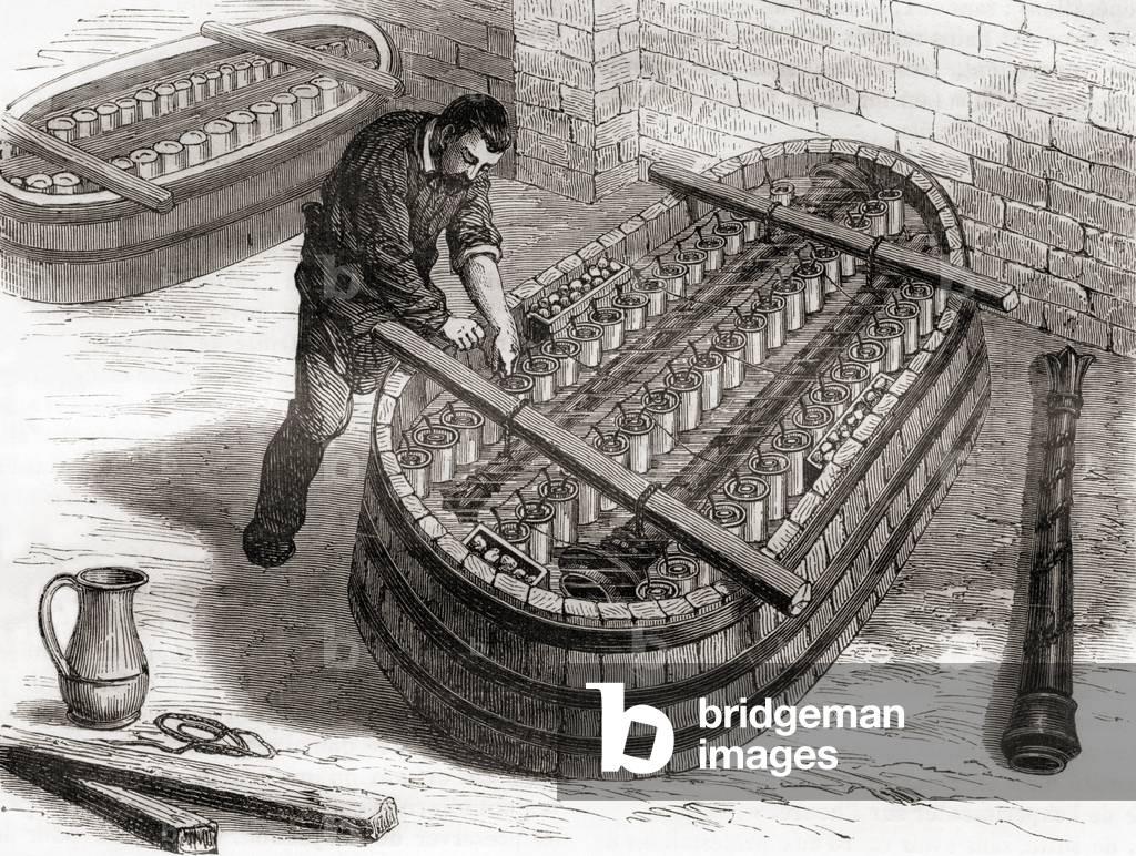 Worker using an electrochemical bath to copper plate a chandelier cast in Monsieur Oudry's workshop in the 19th century, from Les Merveilles de la Science, published c.1870 (engraving)