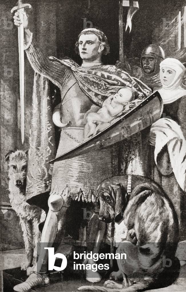 Edward I of England presenting his newborn son as the future First Prince of Wales to the Welsh nation in 1284, from Hutchinson's History of the Nations, pub.1915