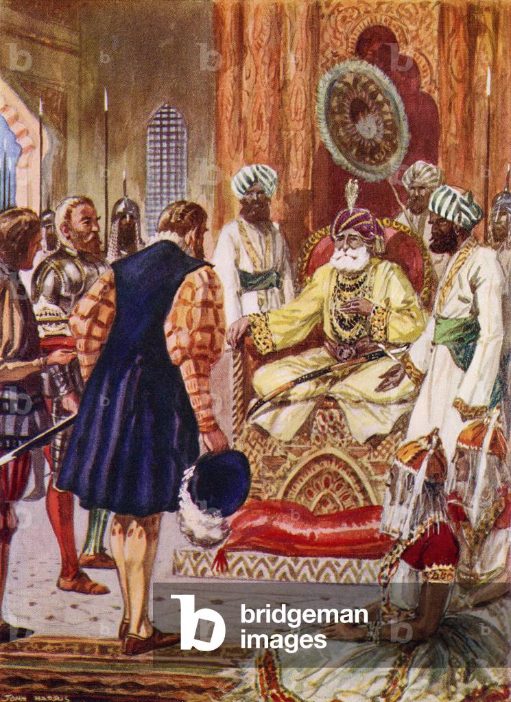 Vasco da Gama visiting the Rajah of Cannanore, India, in 1498, from 'The Great Explorers Columbus and Vasco da Gama' (colour litho)