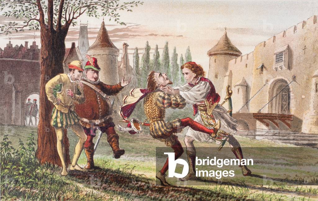 Sebastian speaks in Twelfth Night, Act IV, Scene I, 'Why! There's for thee! And there! And there!', from 'The Illustrated Library Shakespeare', published London 1890 (colour litho)