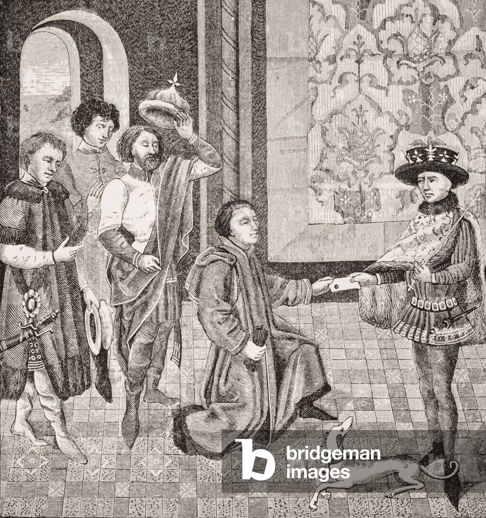 Charles, Eldest Son of Pepin Received News of the Death of His Father, facsimile of a miniature from 'History of the Emperors', from 'Le Moyen Age et La Renaissance' by Paul Lacroix (1806-84) published 1847 (litho)