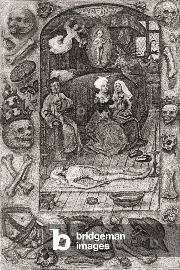Engraved facsimile of an illumination to the Prayers for the Dead in a small MS Flemish Missal, from A Catalogue of a Collection of Engravings Etchings and Woodcuts by Richard Fisher pub. 1879