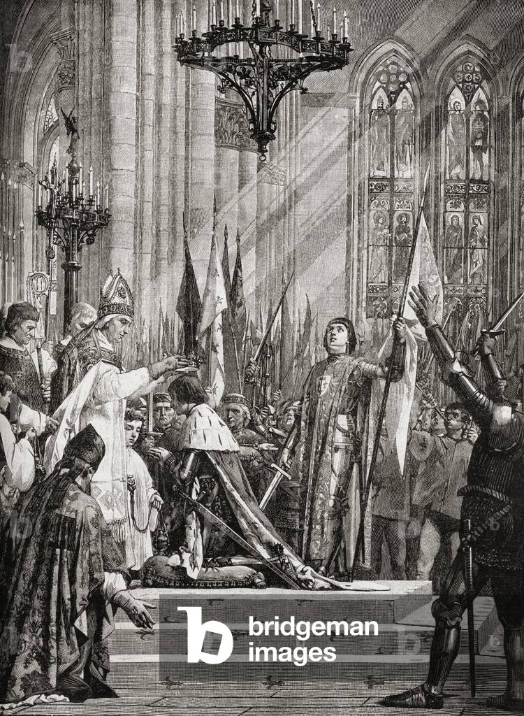 Joan of Arc, 1412-1431 at the coronation of Charles VII. From the mural painting by J.E. Lenefyeu.