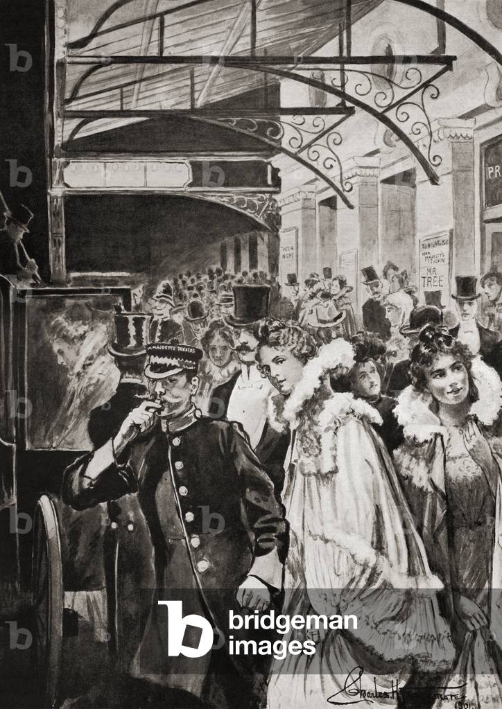 Theatre goers leaving Her Majesty's Theatre, Haymarket, London, from 'Living London', publ. c.1901 (print)