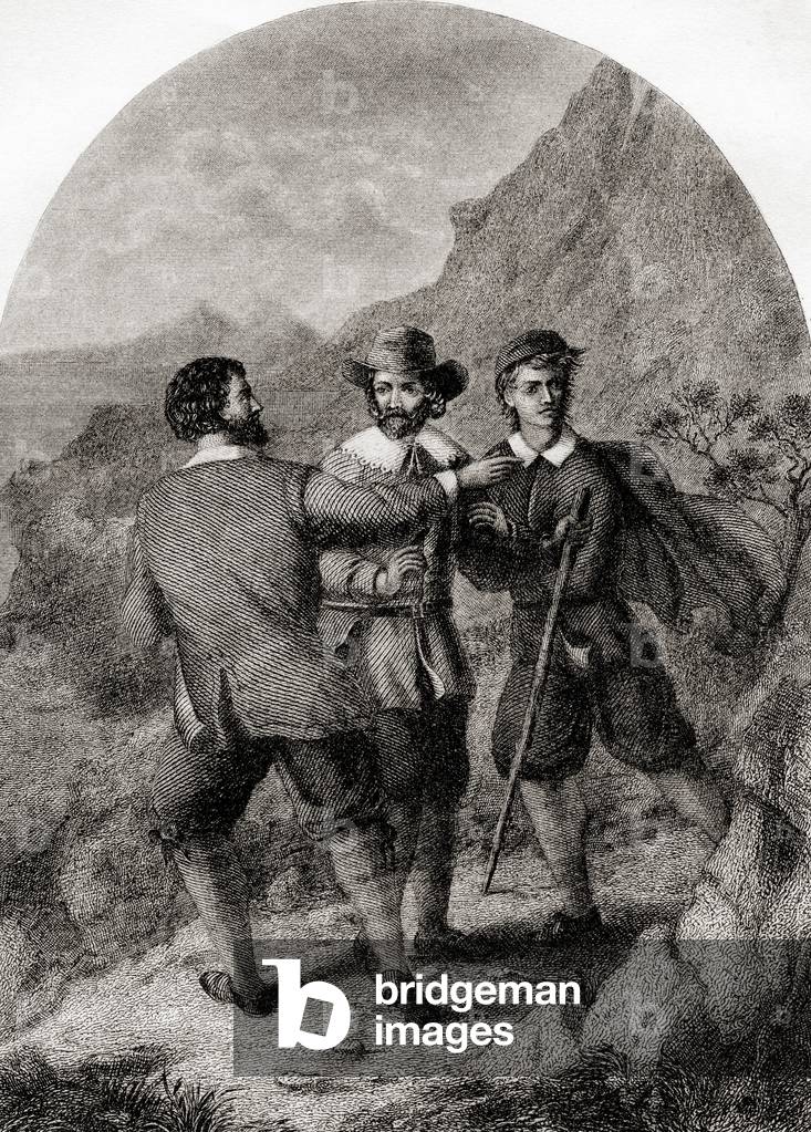 Christian meeting Timorous and Mistrust.  From The Pilgrim's Progress by John Bunyan.  19th century print.