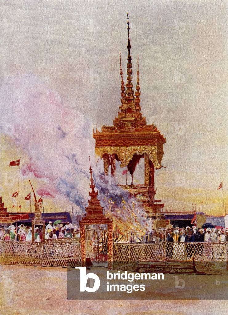 The cremation of a Burmese monk or Pongyi, from 'Customs of The World', publ. c. 1913 (print)
