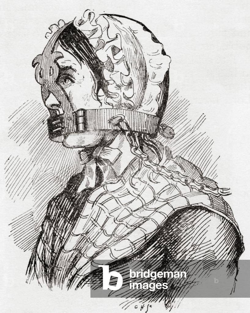 Woman wearing a Derbyshire Brank or muzzle in the 17th century.