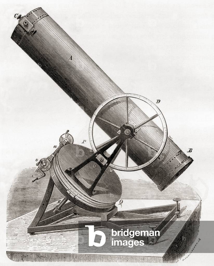 Jean Bernard Léon Foucault's mirror reflecting telescope on an equatorial mount, after a 19th century drawing, from Les Merveilles de la Science, published c.1870 (engraving)