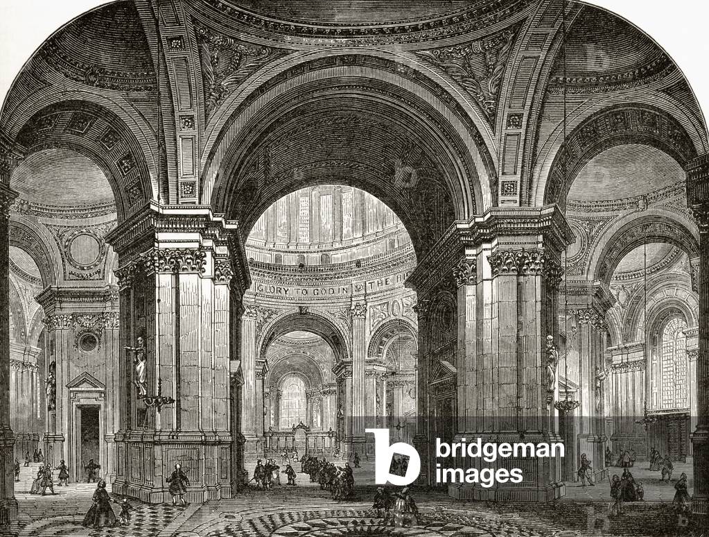 Interior of the Nave of St. Paul's Cathedral, looking east, as it would have been after Wren's first design, from 'London Pictures: Drawn with Pen and Pencil', by Rev. Richard Lovett, published 1890 (litho)