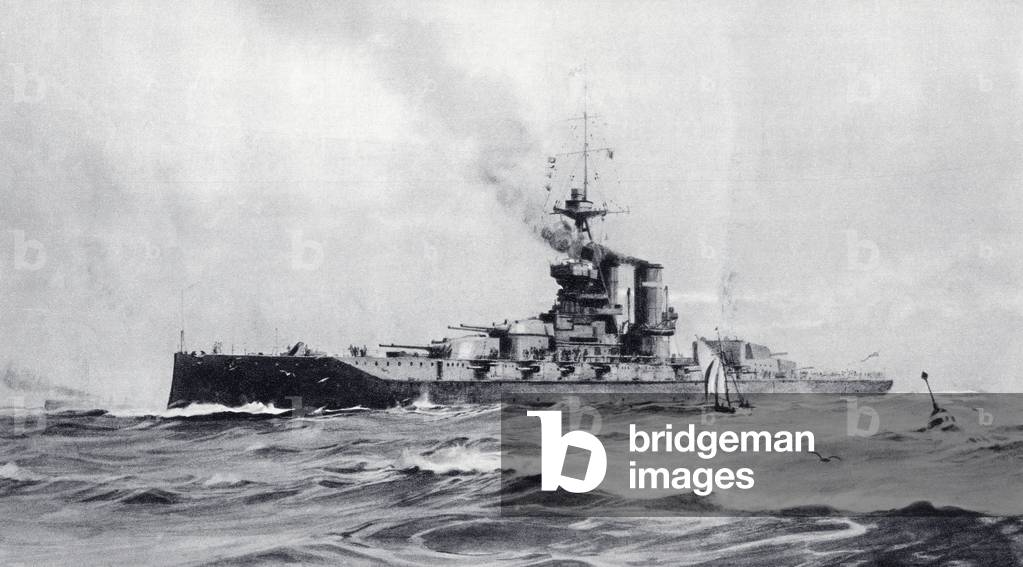 The 15 inch gun super-dreadnought H. M. S. Queen Elizabeth, after a drawing by W. B. Freer, from 'The Illustrated War News', published in 1914 (litho)
