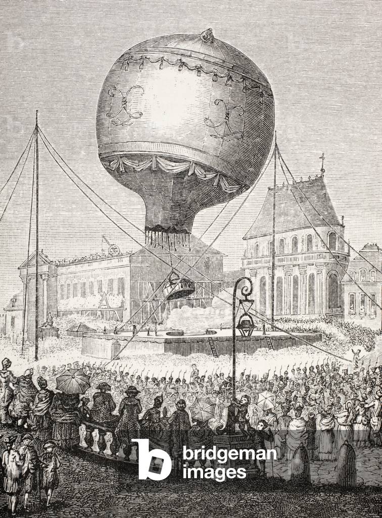 A hot air balloon ascends in Paris, France in the 18th century, from XVIII Siecle Institutions, Usages et Costumes, pub.Paris 1875