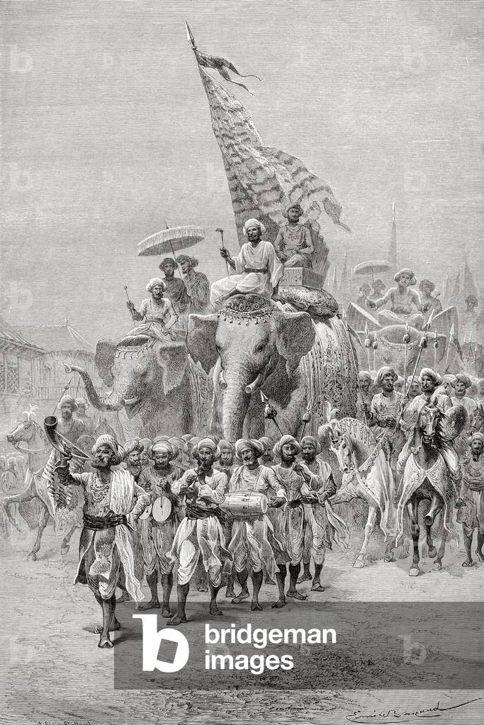 The Maharaja of Baroda, India riding an elephant, in the 19th century.