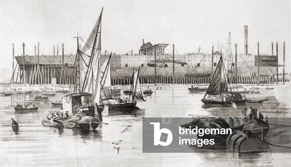 Building the S S Great Eastern steamship at the Millwall Iron Works, River Thames, London, England in 1857, from The Face of London, pub. 1937