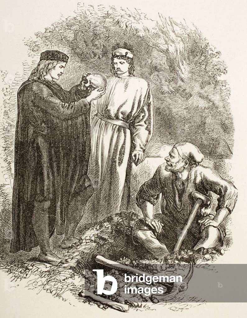 Hamlet holds the skull of Yorick, illustration of Act V, Scene I in Hamlet, from 'The Illustrated Library Shakespeare', published London 1890 (litho)