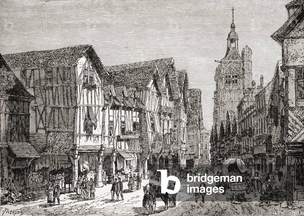 A street in Bernay, Normandy, France in the 19th century, from  French Pictures by The Rev. Samuel G. Green, pub. 1878