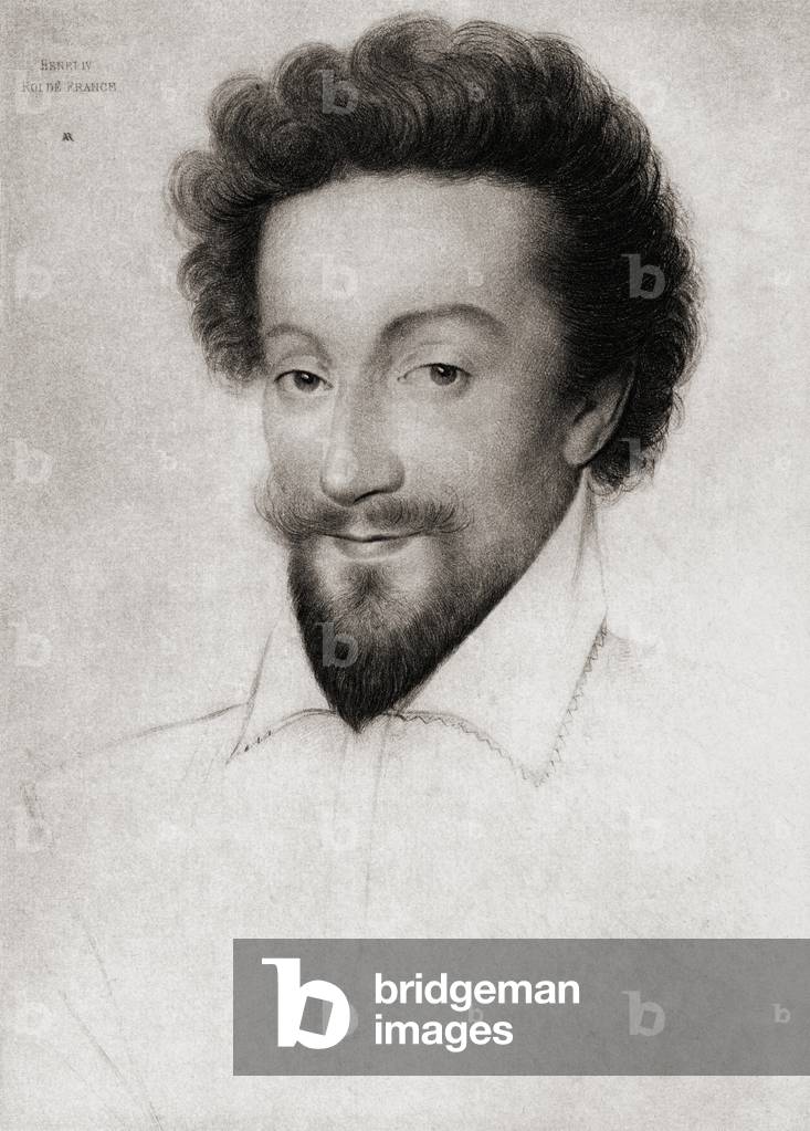 Henry IV, aka Henry of Navarre or Bourbon, 1553-1610, King of Navarre (as Henry III) 1572-89, first Bourbon king of France, 1589-1610. From an engraving after a drawing attributed to Pierre Du Monstier.