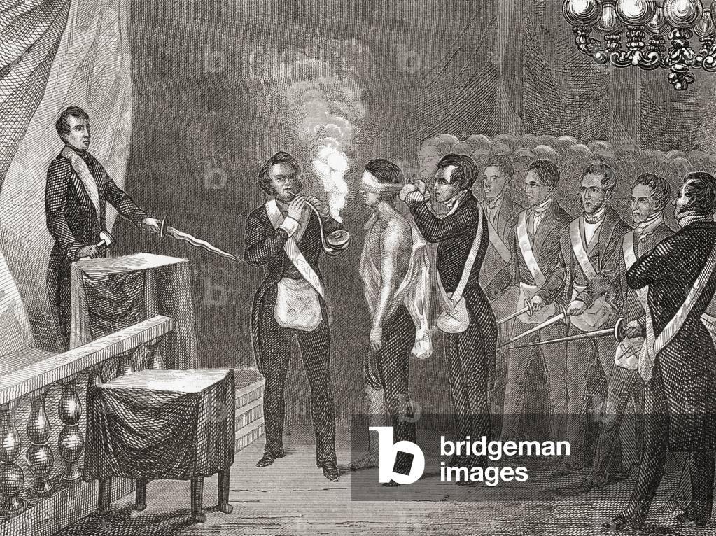 An apprentice is initiated into Freemasonry, from a 19th century illustration