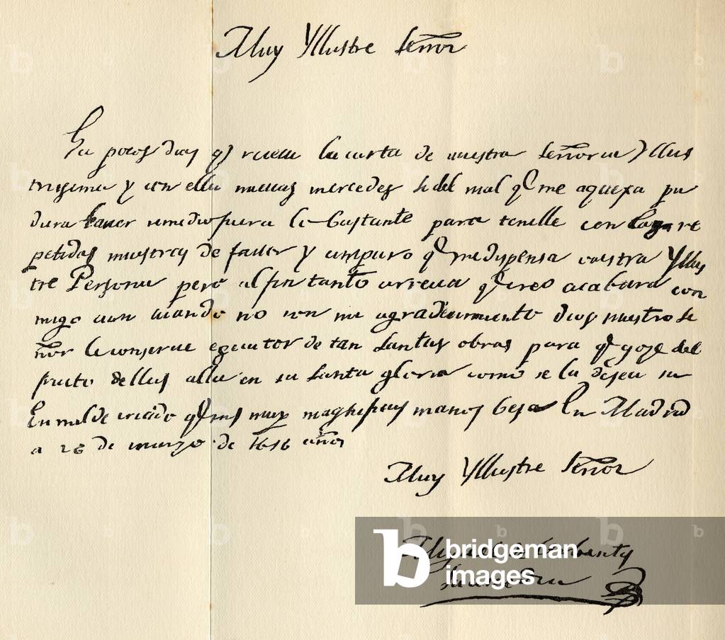 Sample of the handwriting of Miguel Saavedra de Cervantes in a letter written by him to Archbishop of Toledo March 26, 1616.  Miguel Saavedra de Cervantes, 1547-1616.  Spanish writer, author of Don Quixote de la Mancha.