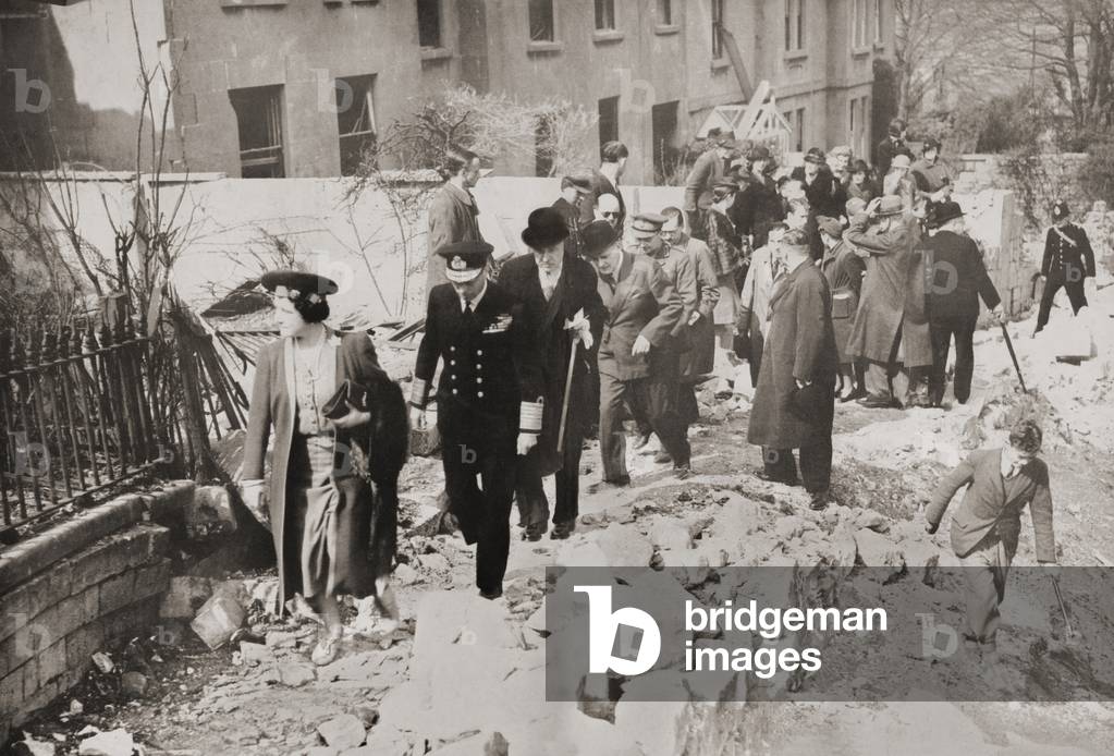 George VI and Queen Elizabeth visiting the damaged streets of Bath, England in 1942 during WWII