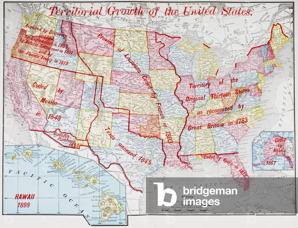 Map from 1898 showing the territorial growth of the United States of America.  From The History of Our Country, published 1900