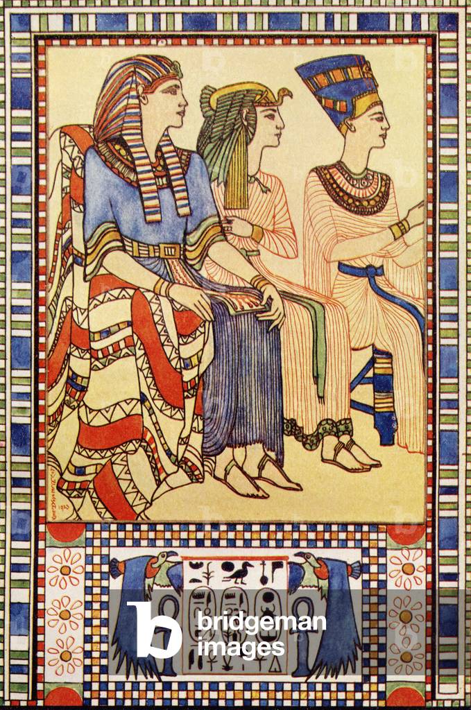 Tutankhamon, Queen Ankhsenamon and the Queen Mother, Nefertiti, illustration from 'Egyptian Myth and Legend' by Donald A. Mackenzie, published in 1907 (colour litho)
