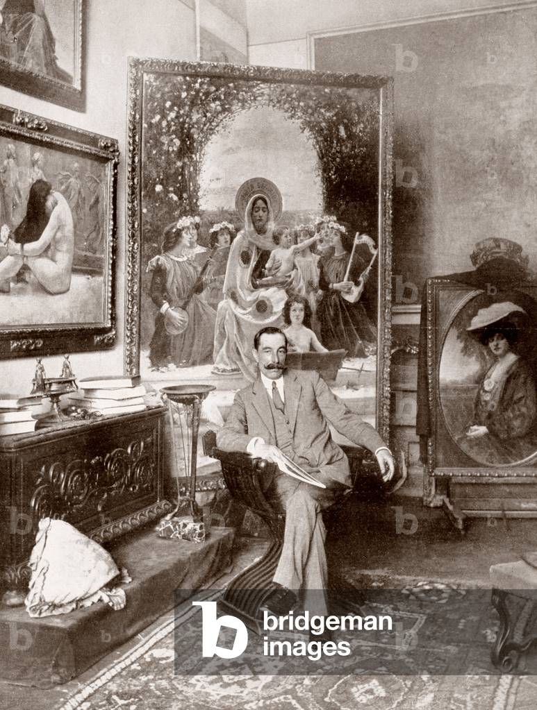 Pedro Sáenz Sáenz, 1863 - 1927.  Pre-Raphaelite Brotherhood Spanish painter, here seen in his Malaga studio.  From  La Esfera, 1914.