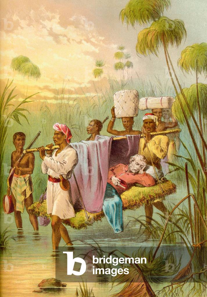 David Livingstone being carried 'The Last Mile' to die at his African home in Ujiji, Tanganyika, Tanzania, Africa in 1873.   From The Life and Explorations of Dr. Livingstone published c.1875.