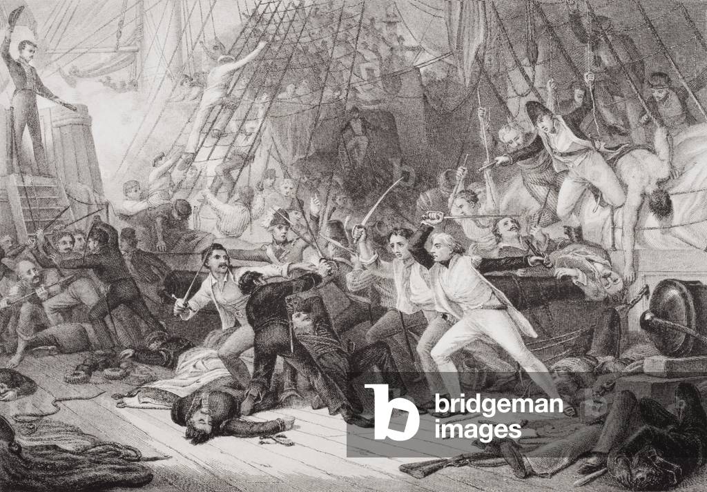 Nelson boarding the San Josef at the Battle of St. Vincent, 14 February 1797, from `Illustrations of English and Scottish History' Volume II (engraving)