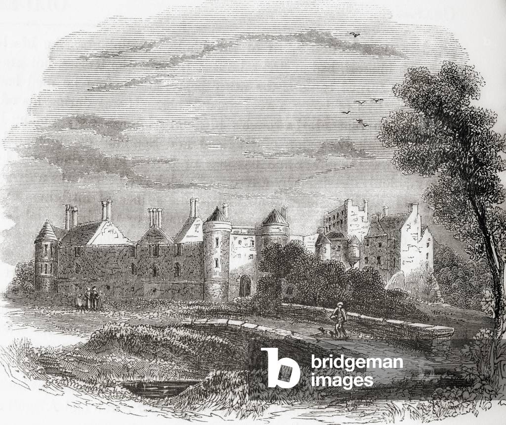 Seton Castle, Seton, Scotland built on the site of Seton Palace which was a popular retreat for Mary, Queen of Scots before being demolished in 1789, from Old England: A Pictorial Museum, pub. 1847
