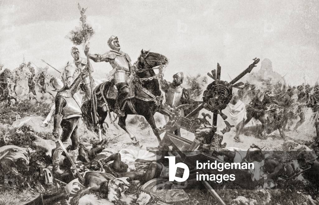Hernán Cortés victorious at the Battle of Otumba, Otumba de Gómez Farías, where he defeated the Aztecs in 1520, from Hutchinson's History of the Nations, pub. 1915