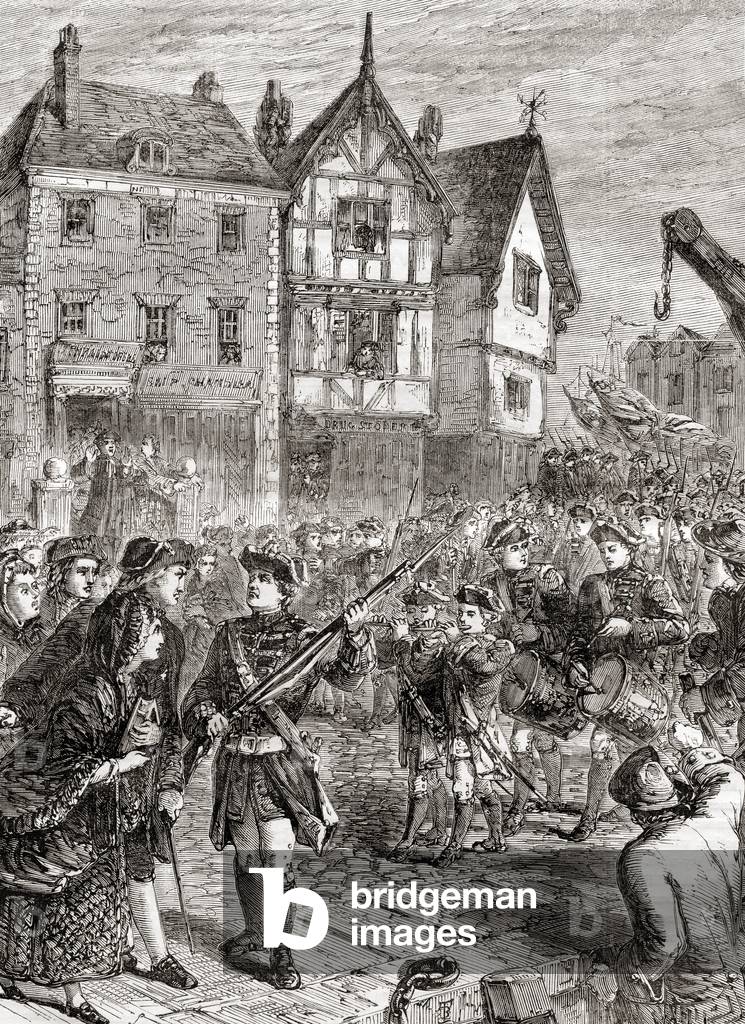 British soldiers enter Boston, America in 1768 to protect and support crown-appointed colonial officials attempting to enforce unpopular Parliamentary legislation.