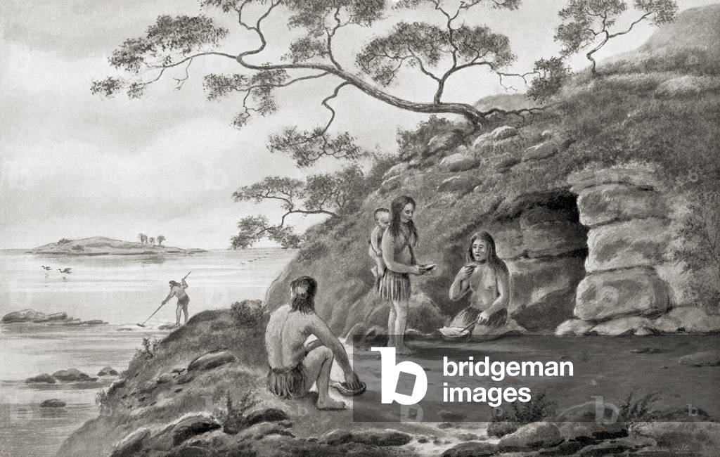 The earliest inhabitants of Japan. After the painting by Justin Hill, from Hutchinson's History of the Nations, pub. 1915