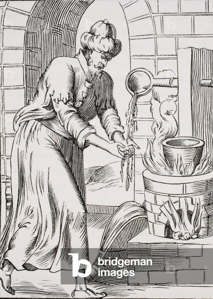 The gipsy who washed his hands in molten lead, after a woodcut in 'Histoires Merveilleuses' by Pierre Boaistuau, published 1560, from 'Le Moyen Age et La Renaissance' by Paul Lacroix (1806-84) published 1847 (litho)
