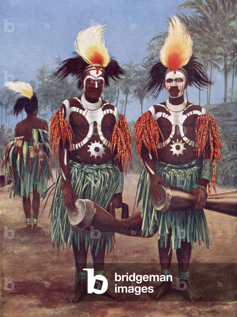 Dancers of the Fly River Region, Papua New Guinea, Oceania in typical traditional costume.  After a 19th century illustration.  From Customs of The World, published c.1913.
