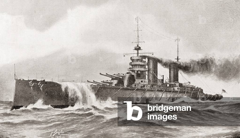 The battlecruiser HMS Queen Mary, sunk in the Battle of Jutland during World War I, from The Year 1916 Illustrated.