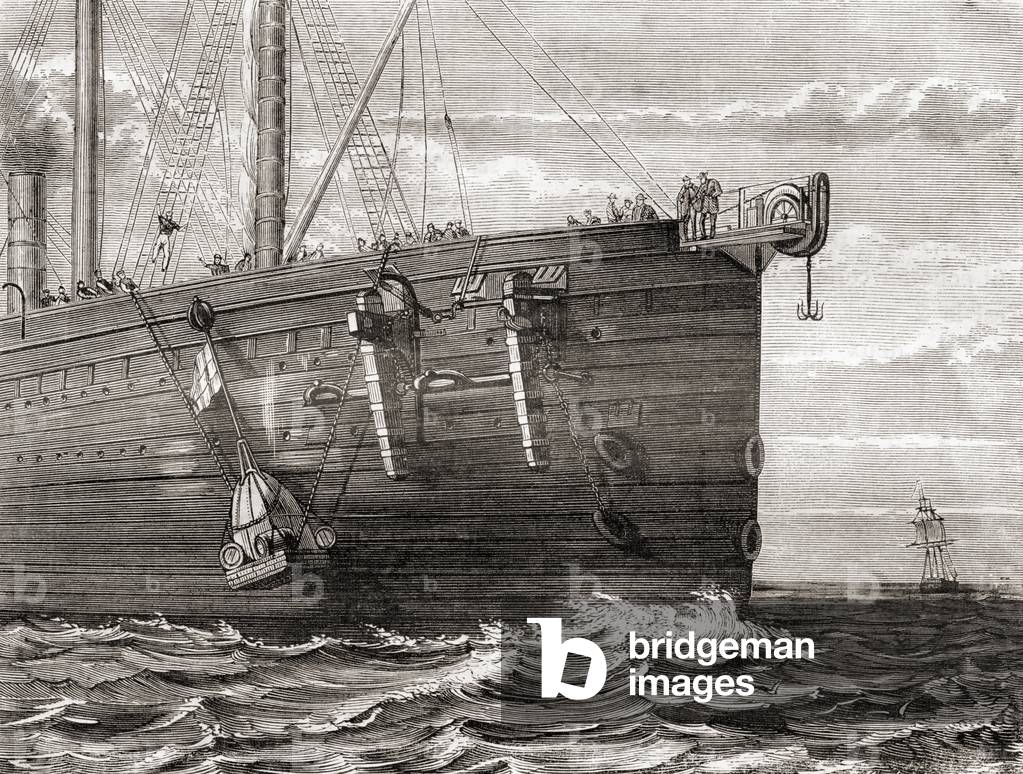 The S.S. Great Eastern launching a buoy into the sea to mark the spot of a lost transatlantic telegraph cable, 1865, from Les Merveilles de la Science, published c.1870 (engraving)
