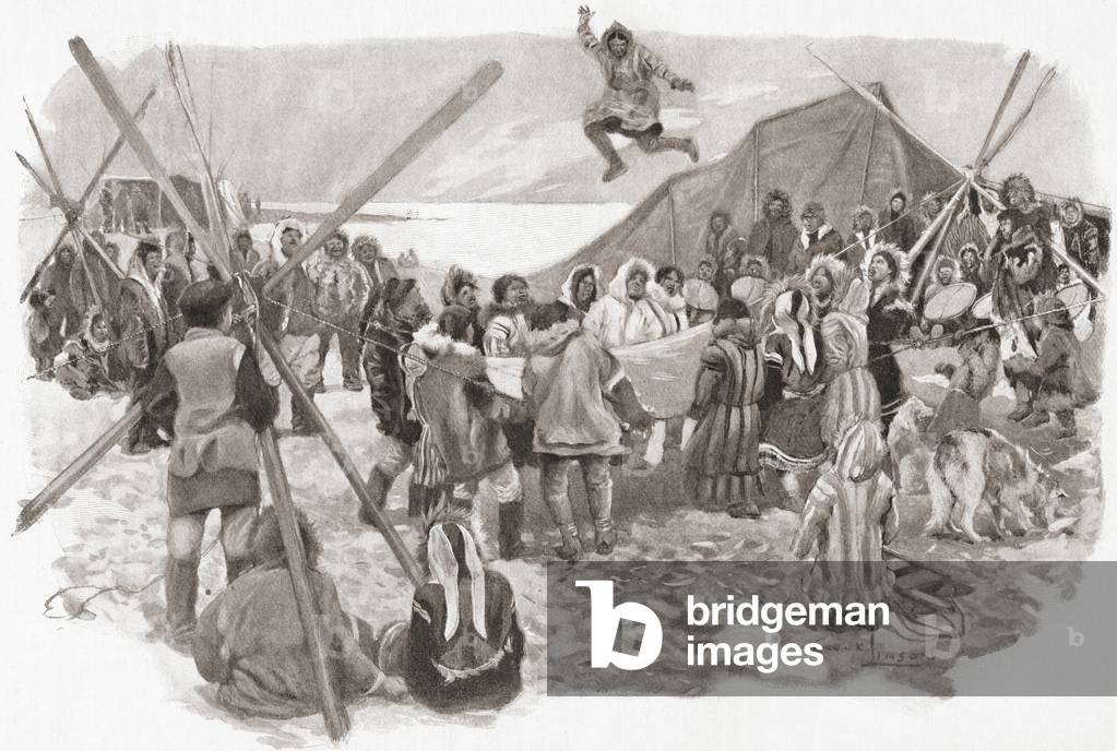 Eskimos dancing during The Great Feast of the Whale, in Arctic Alaska, United States of America, in the late 19th century.  From The Century Illustrated Monthly Magazine, May to October 1904.
