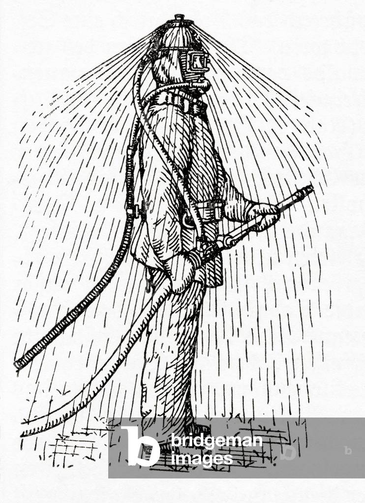 A firefighter wearing a helmet which sprayed water over his protective suit to keep him cool, from Meyers Lexicon, pub. 1928