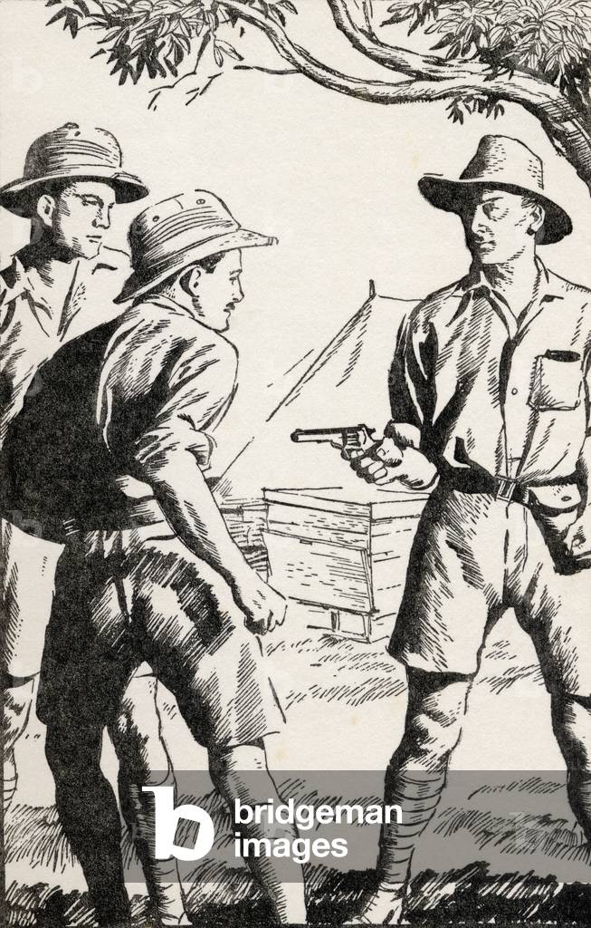 'He wheeled on Cronin, only to find himself looking down the barrel of a revolver', from the book 'Buffalo Jim' by William Hatfield, published c.1930s (litho)