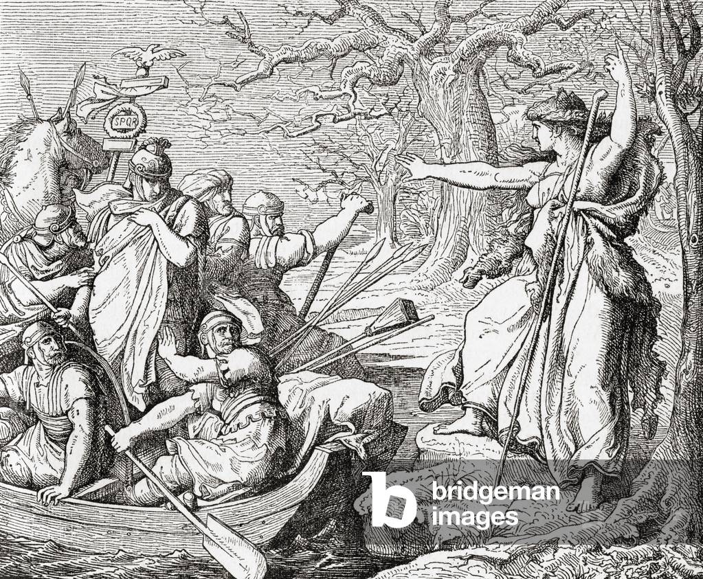 Veleda, a priestess and prophet of the Germanic tribe of the Bructeri swearing vengeance on the Roman invaders, from Ward and Lock's Illustrated History of the World, pub. c.1882